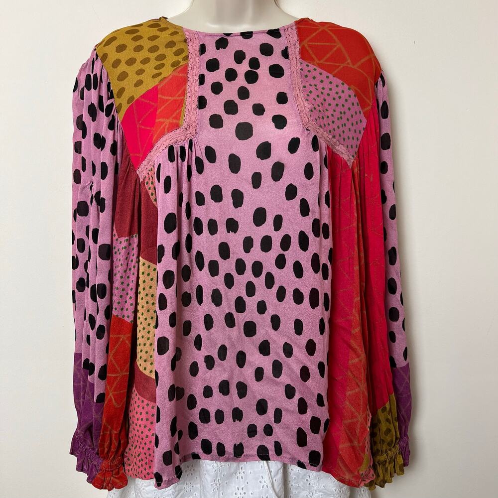 Blank London Pink Multicolor Polka Dot Mixed Abstract Print Flowy Blouse Medium